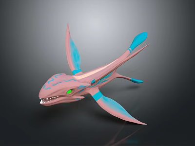 Fantasy Aquatic Creature With Pink Blue Fins Green Eyes And Sharp Teeth 3d model