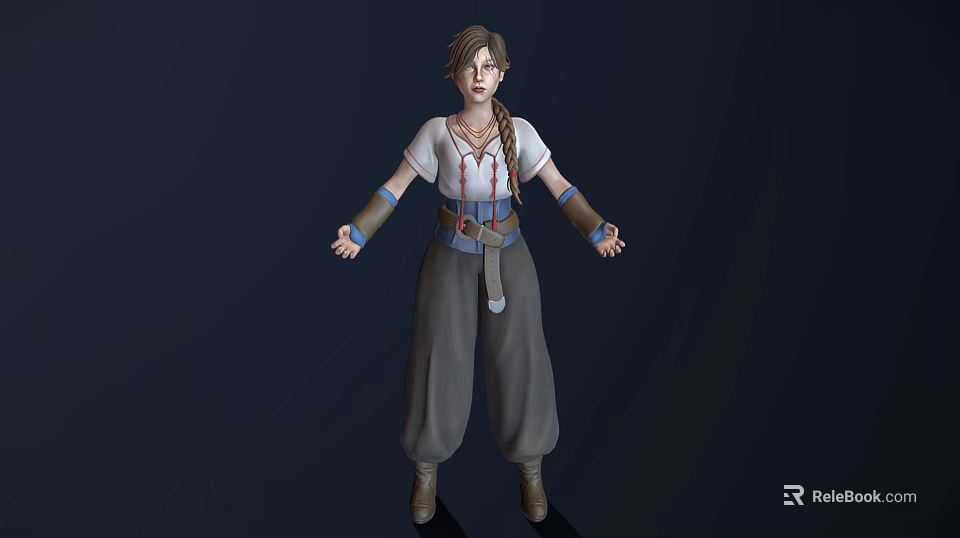 Woman With Braided Hair Wearing White Top Gray Pants And Wristbands Standing Pose 3d model 