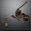 Vintage Rustic Scene With Axe On Wooden Stump Gun Bucket Shackle And Chilies