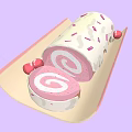 Pink Cake Roll With Spiral Interior White Frosting Pink Stripes And Red Cherries On Tray
