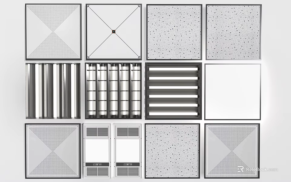 Modern Ceiling Lighting Fixture Combinations With Grille Panel And Strip Designs 3d model 