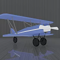 Blue Biplane Passenger Plane with White Propeller Parked on Gray Floor and Reflection