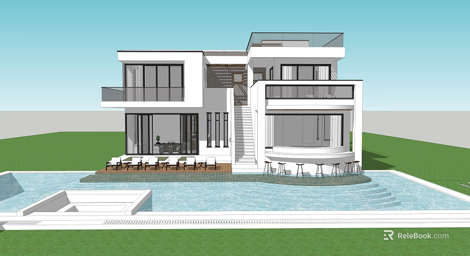 Modern Detached Villa With Swimming Pool Glass Windows And Outdoor Terrace 3d model 