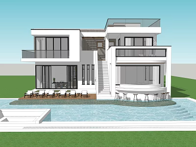 Modern Detached Villa With Swimming Pool Glass Windows And Outdoor Terrace 3d model