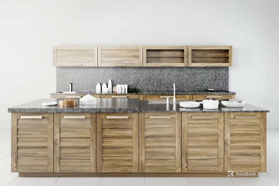 Modern Wooden Kitchen Cabinets With Upper Lower Storage And Granite Countertop Sink Faucet 3d model 