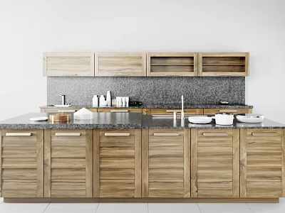 Modern Wooden Kitchen Cabinets With Upper Lower Storage And Granite Countertop Sink Faucet 3d model