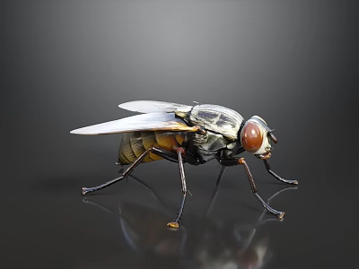 Fly With Transparent Wings Reddish Brown Eyes And Black Yellow Body On Dark Background 3d model