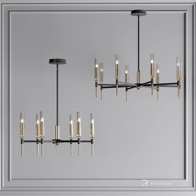 Modern Chandelier with Black Metal Frame Clear Glass Shades and Gold Accents 3d model 