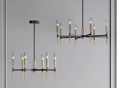 Modern Chandelier with Black Metal Frame Clear Glass Shades and Gold Accents 3d model