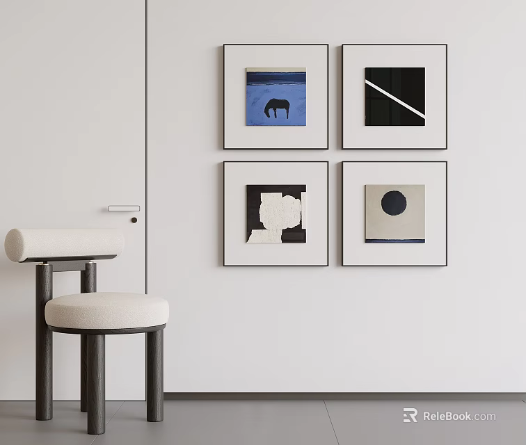 Abstract Paintings In Minimalist Interior With Stool And Neutral Tones 3d model