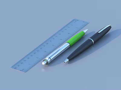 Two Stylish Pens Green Capped and Black Alongside a Gray Ruler on Smooth Surface 3d model