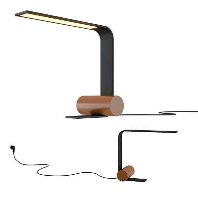 Modern Desk Lamp With Black Metal Pole Brown Wooden Base And Adjustable Light Head 3d model