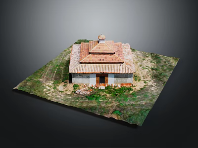 Cartoon Scene Of Small Two Story House With Red Tile Roof Grass Field And Pathway 3d model