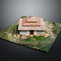 Cartoon Scene Of Small Two Story House With Red Tile Roof Grass Field And Pathway
