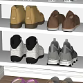 Different Colored Shoes On White Shoe Rack With Wooden Door And Carpeted Floor