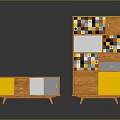 Modern Wooden Furniture Set With Orange White Yellow Cabinets And Storage Compartments