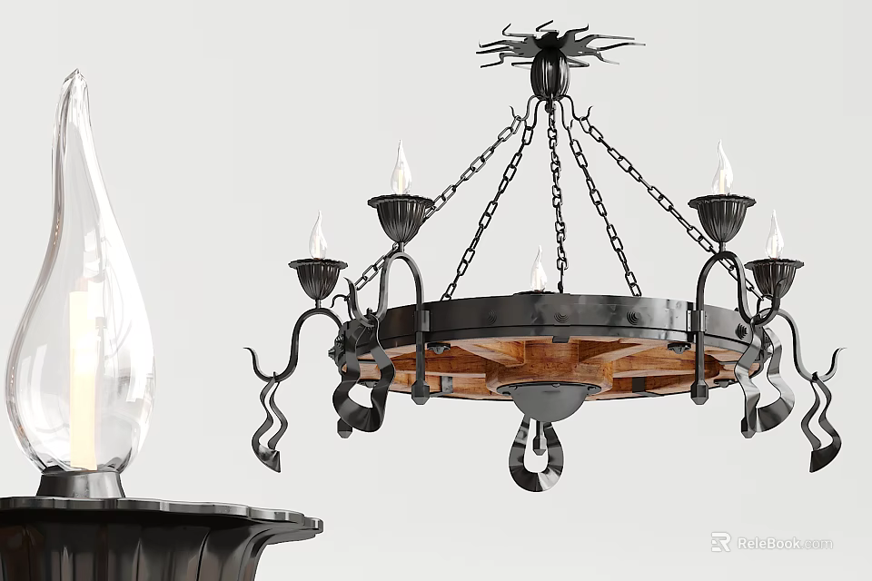Vintage Black Metal Chandelier With Wooden Base Decorative Chains And Candle Shaped Lights 3d model 