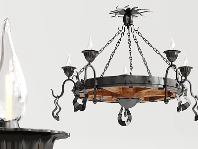Vintage Black Metal Chandelier With Wooden Base Decorative Chains And Candle Shaped Lights 3d model