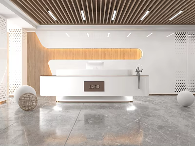 Modern Reception Desk Interior Design With Wooden Panel White Countertop Logo And Bright Lighting 3d model