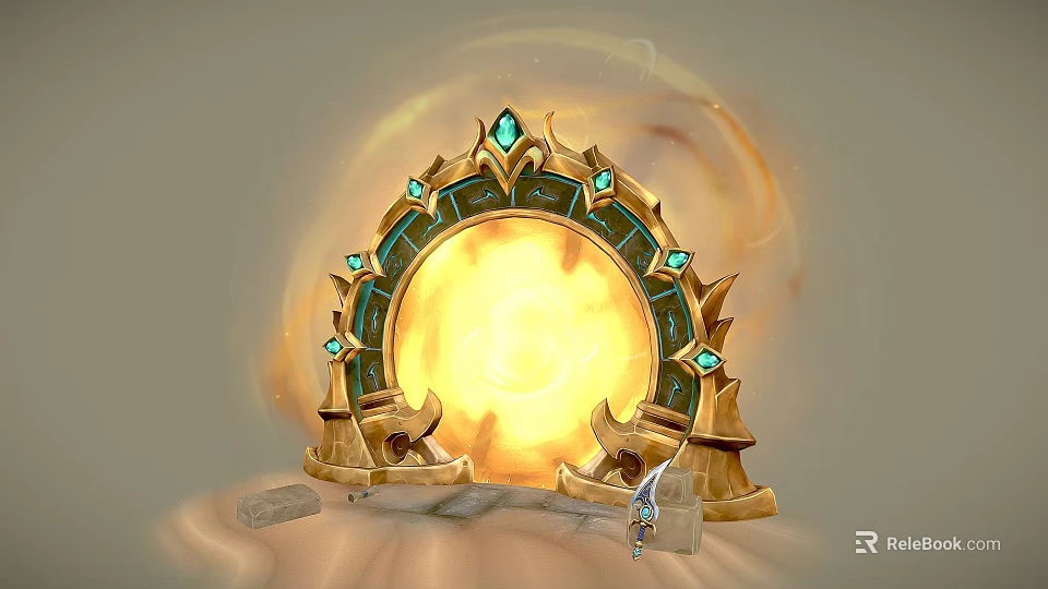Scenic Golden Arch with Blue Gemstones Glowing Over Stone Base in Desert Landscape 3d model 
