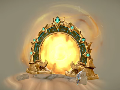 Scenic Golden Arch with Blue Gemstones Glowing Over Stone Base in Desert Landscape 3d model