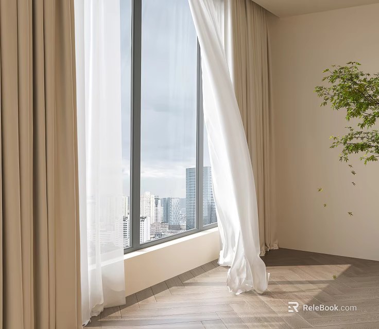 Modern Bedroom Interior With Large Window City View Wooden Floor Curtains And Plant 3d model 