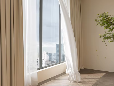 Modern Bedroom Interior With Large Window City View Wooden Floor Curtains And Plant 3d model
