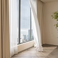 Modern Bedroom Interior With Large Window City View Wooden Floor Curtains And Plant
