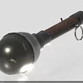 Antique Metal Spherical Weapon With Wooden Handle And Metal Ring