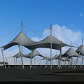 White Tensile Membrane Canopy Structures In Outdoor Public Square With Supporting Columns 3d model