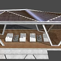 Modern Geometric Landscape Pavilion With Wooden Sunshade Roof White Sofas And Wooden Platform