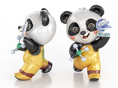 Cute Panda Dolls in Yellow Overalls Holding Molecular Structure Model and Science Sign 3d model