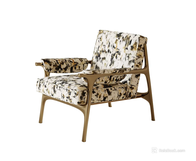 Modern Leisure Chair With Brass Metal Frame And Curved Armrests Black White Patterned Fabric 3d model 