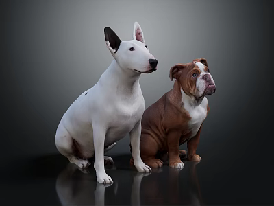 White Bull Terrier and Brown English Bulldog Sitting Together on Dark Shiny Surface 3d model