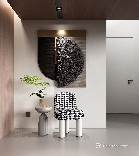 Modern Wall Decor Complements Contemporary Interior With Chair And Plant 3d model 