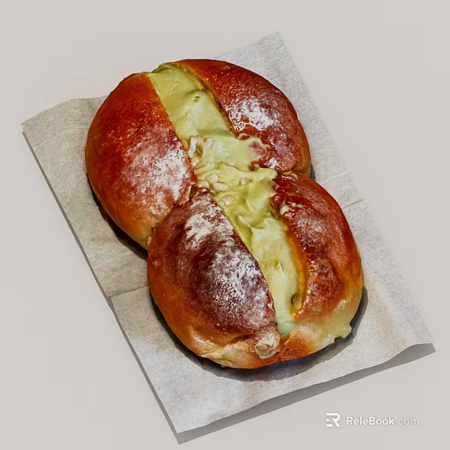 Soft Bread Rolls With Green Filling Topped With Powdered Sugar On Paper 3d model 