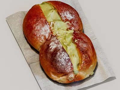 Soft Bread Rolls With Green Filling Topped With Powdered Sugar On Paper 3d model