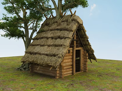 Cozy Log Cabin With Thatched Roof And Large Tree In Open Grassland 3d model