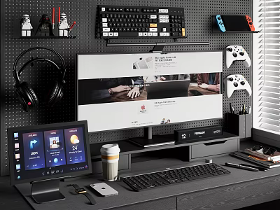 Modern Computer Workstation Setup With Dual Monitors Keyboard Headphones And Game Controllers 3d model