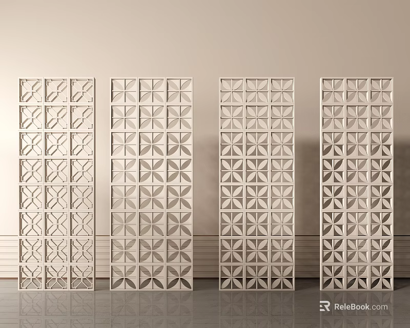 Four White Decorative Screens With Geometric Patterns In Interior Design 3d model