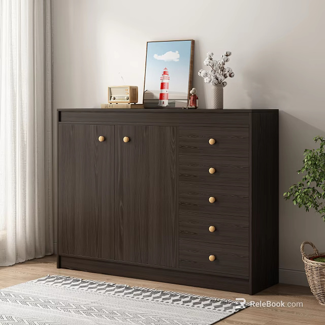 Dark Wooden Dresser With Drawers And Decor Items On Top Near Curtains And Plant 3d model 