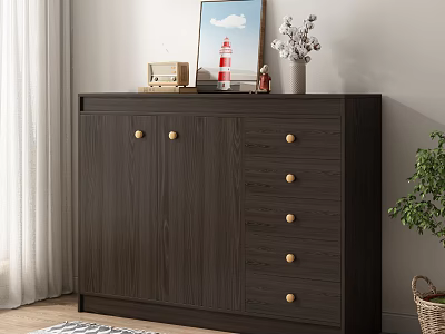 Dark Wooden Dresser With Drawers And Decor Items On Top Near Curtains And Plant 3d model