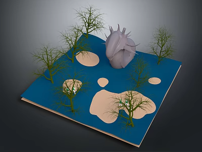 Abstract 3D Landscape Model With Heart Shaped Sculpture Dry Trees And Sand Patches 3d model
