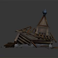 Traditional Wooden Building With Damaged Roof Blue Dome And Scattered Planks