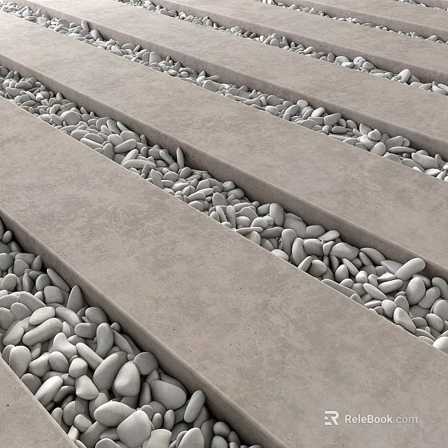 Elegant Garden Decor Design With Gray Concrete Strips And White Pebbles 3d model 