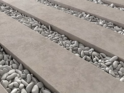 Elegant Garden Decor Design With Gray Concrete Strips And White Pebbles 3d model