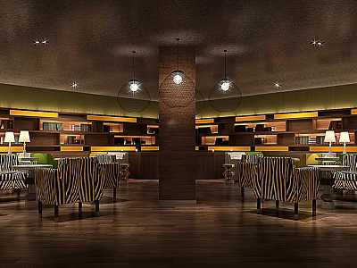 Modern Wooden Cafe Interior With Striped Chairs Bookshelves And Cozy Lighting 3d model