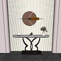 Console Table With Striped Backdrop Circular Art Gold Accents Black Base White Top Green Plant