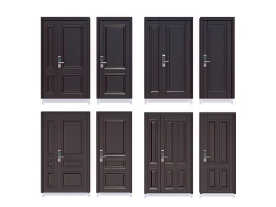 Dark Colored Storefront Doors Featuring Various Paneled Designs And Different Handle Styles 3d model