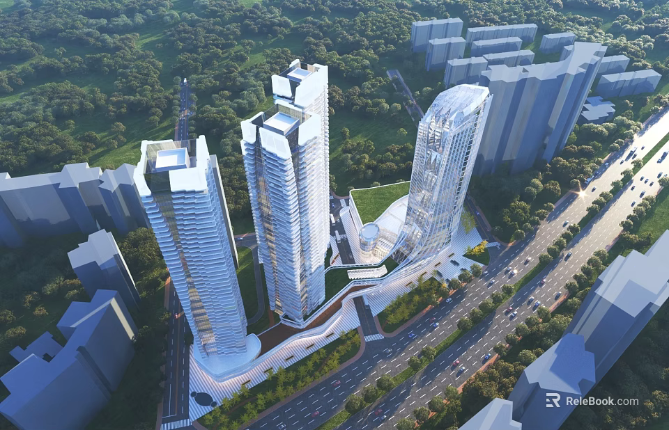 Aerial Planning of Modern Urban Landscape With High Rise Buildings Greenery and Roads 3d model 